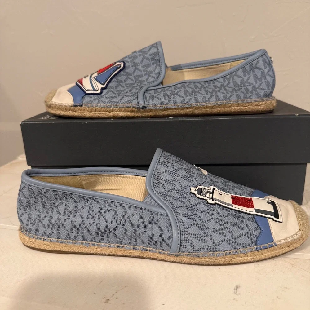 Michael Kors Espadrille Flats Women 9M Blue Excellent Nautical Monogram NL19C